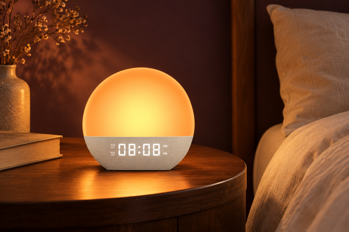 Styled render of the Sunrise Clock glowing beside a bed in the evening