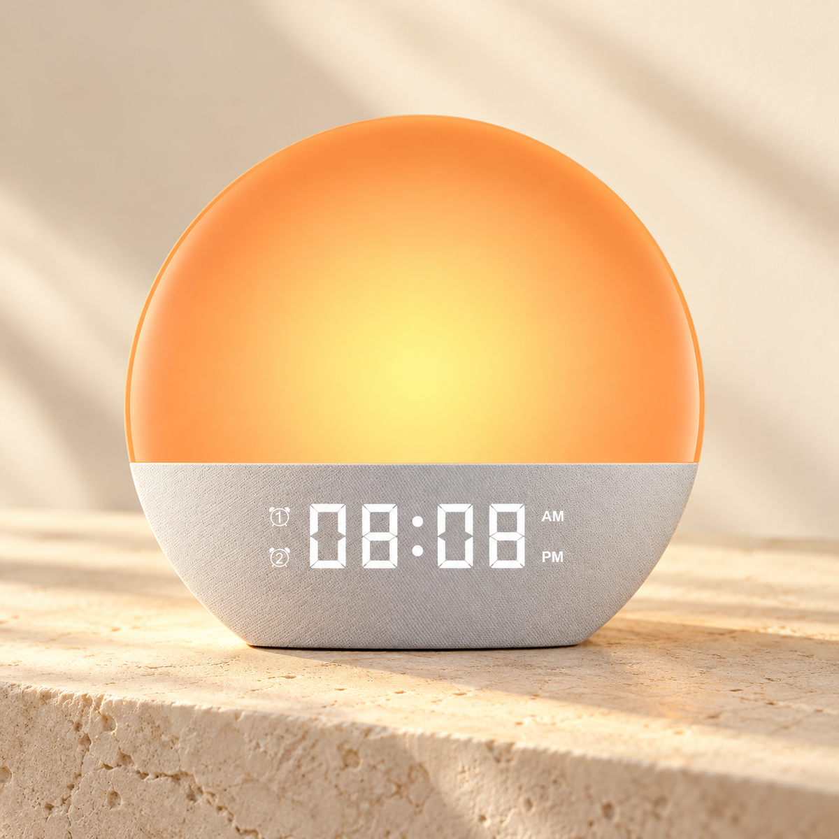 Styled studio render of one Sunrise Clock with an amber light and digital display
