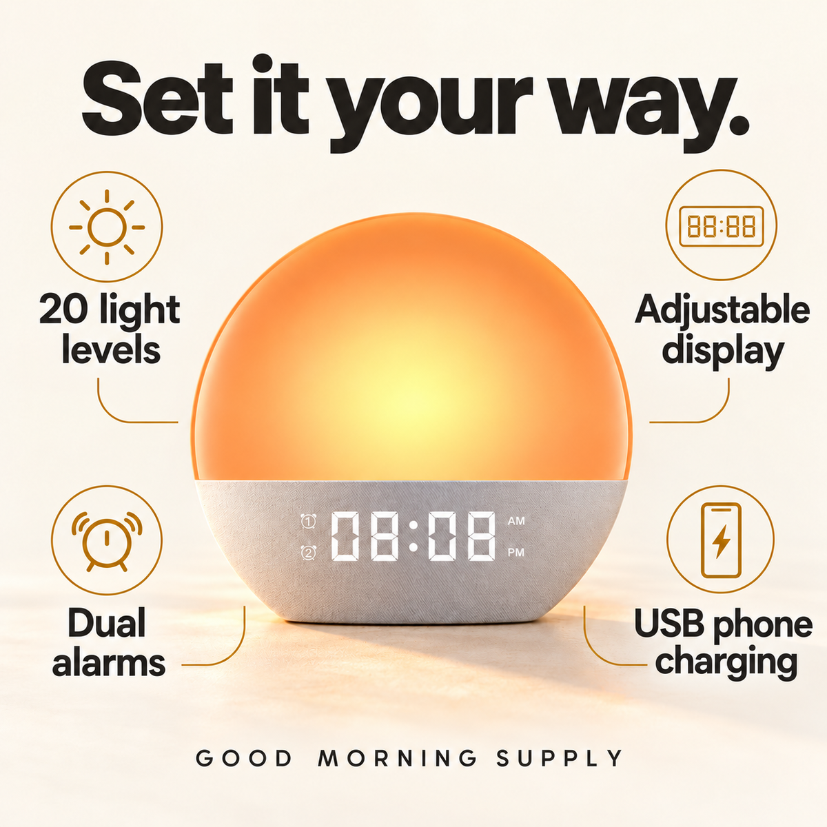 Product infographic: 20 light brightness levels, adjustable display brightness, dual alarms and USB phone charging.