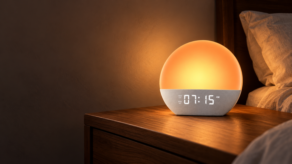 Styled scene of The Sunrise Clock glowing in a dark bedroom at 7:15 AM