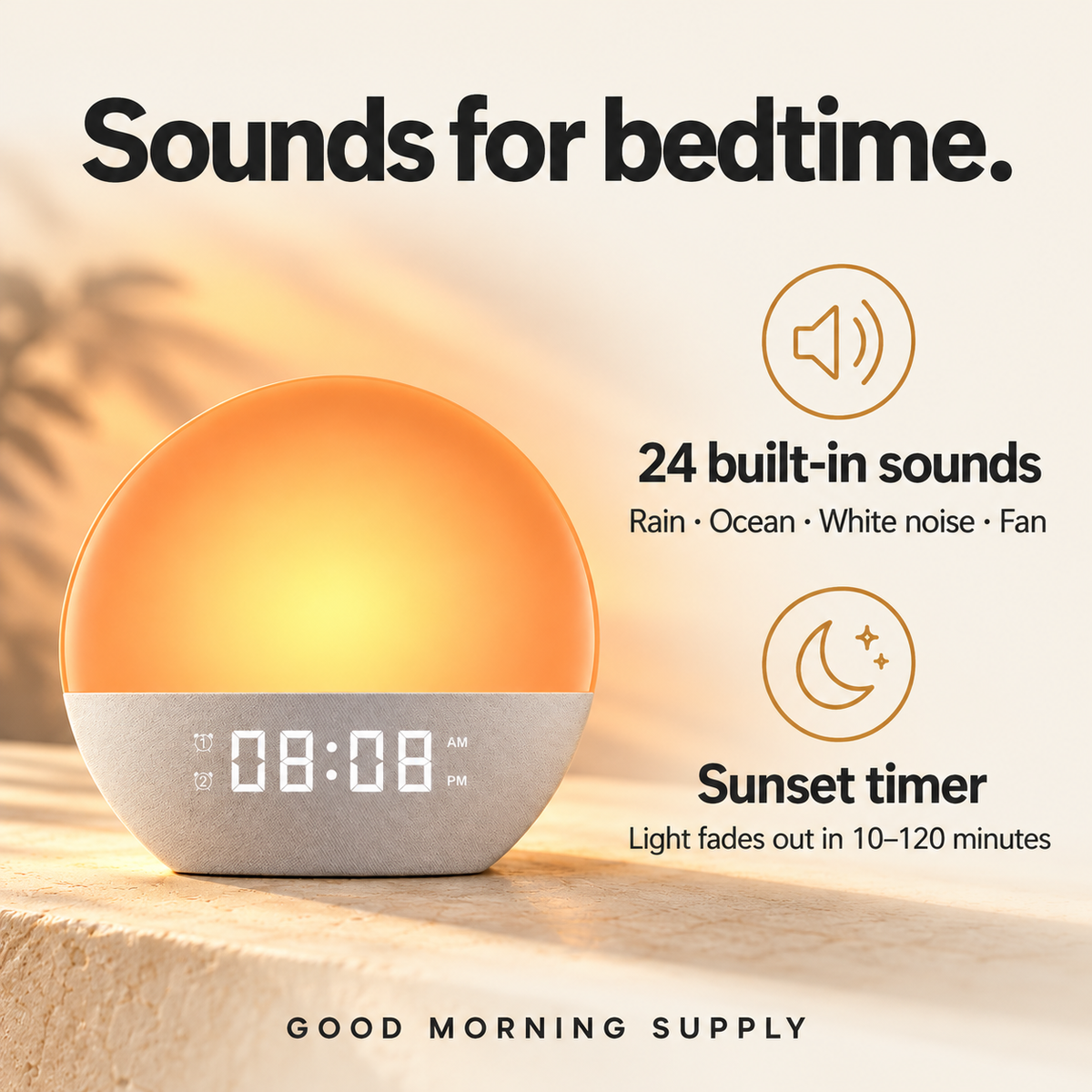 Product infographic: 24 built-in sounds, including rain, ocean, white noise and fan. Sunset light fades out with a 10 to 120 minute timer.