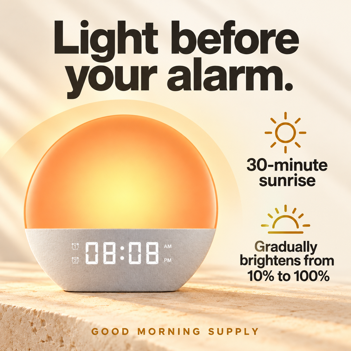 Product infographic: Light before your alarm. A 30-minute sunrise gradually brightens from 10% to 100%.