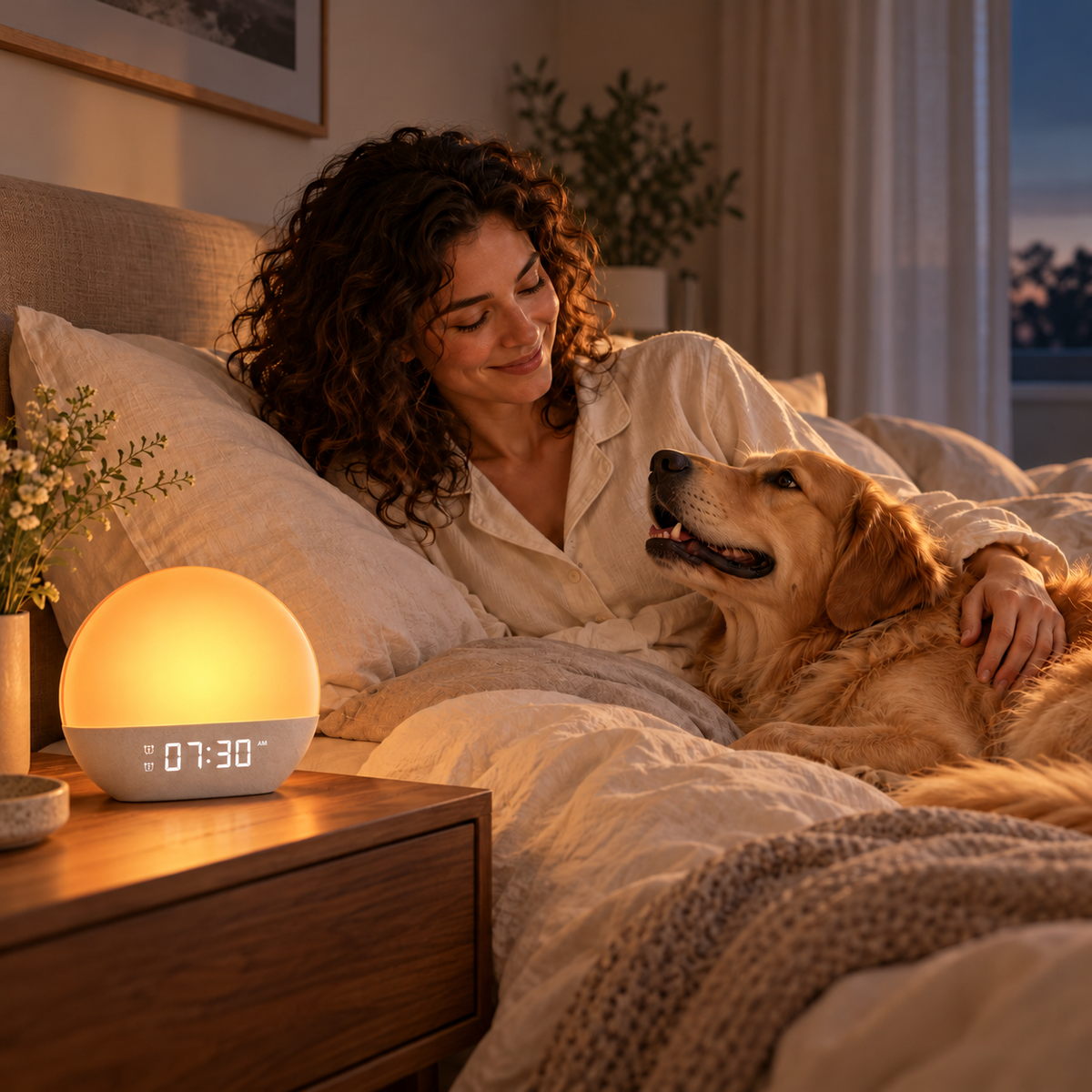 Styled scene of a woman waking beside her dog before sunrise, with The Sunrise Clock glowing at 7:30 AM